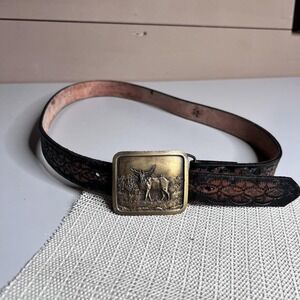 Vintage Indiana Metal Craft Leather Belt Mens 32 Brown Deer Buckle 1978